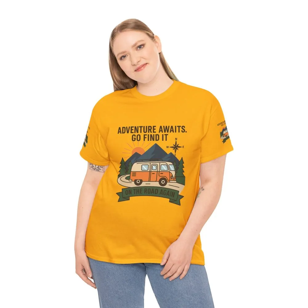 Unisex Heavy Cotton Tee — 'Adventure Awaits. Go Find It' Camper Van T‑Shirt
