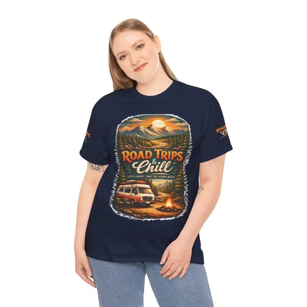Unisex Heavy Cotton Tee — "Road Trips & Chill" Design Scenic-Line