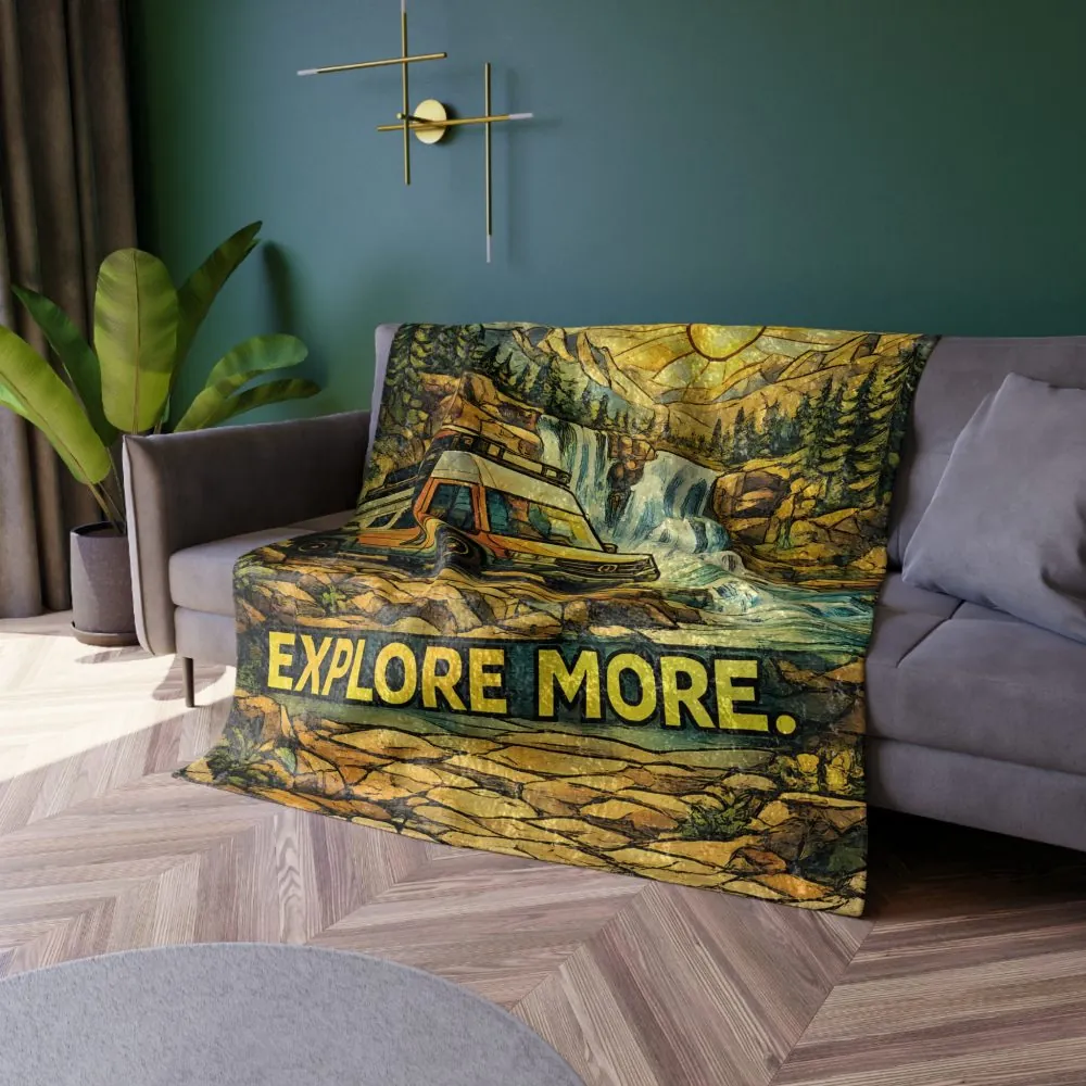 Crushed Velvet Blanket —"Explore More" Design Cubic-Line (Campervan)