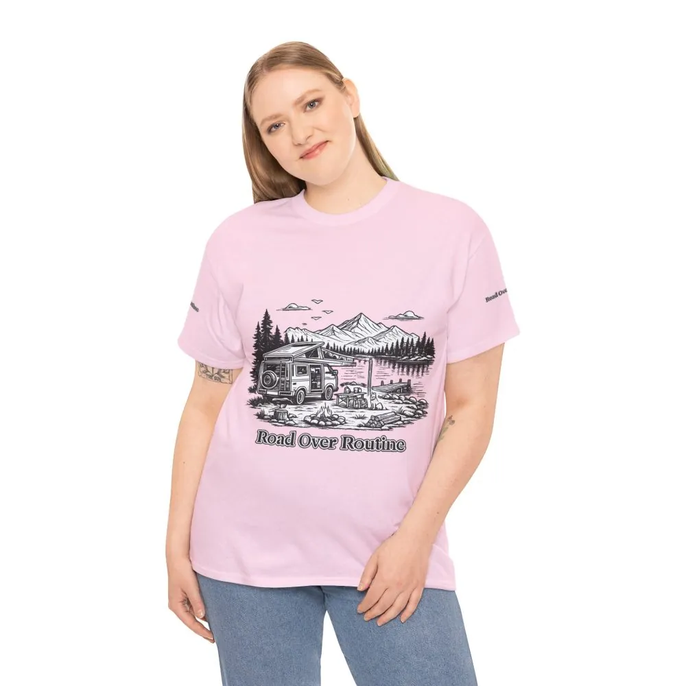 Unisex Heavy Cotton Tee — "Road Over Routine" Design Minimal-Line