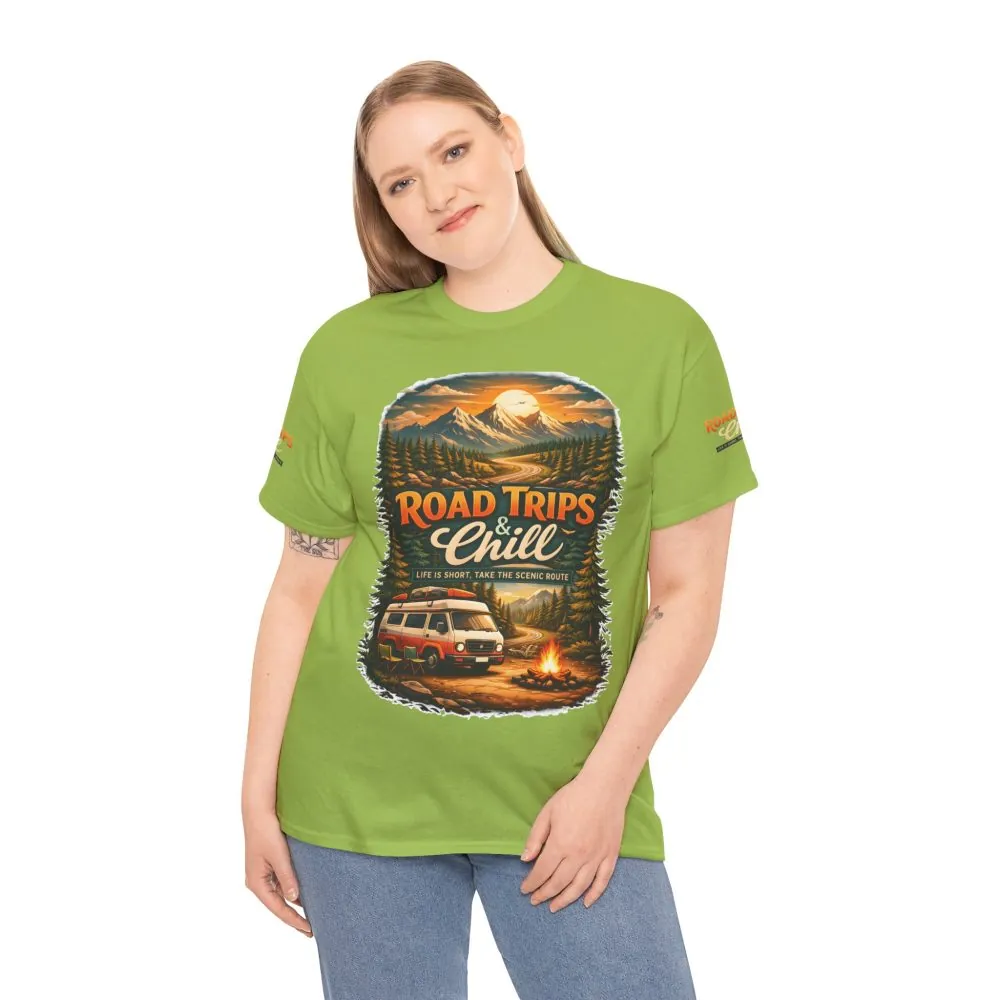 Unisex Heavy Cotton Tee — "Road Trips & Chill" Design Scenic-Line