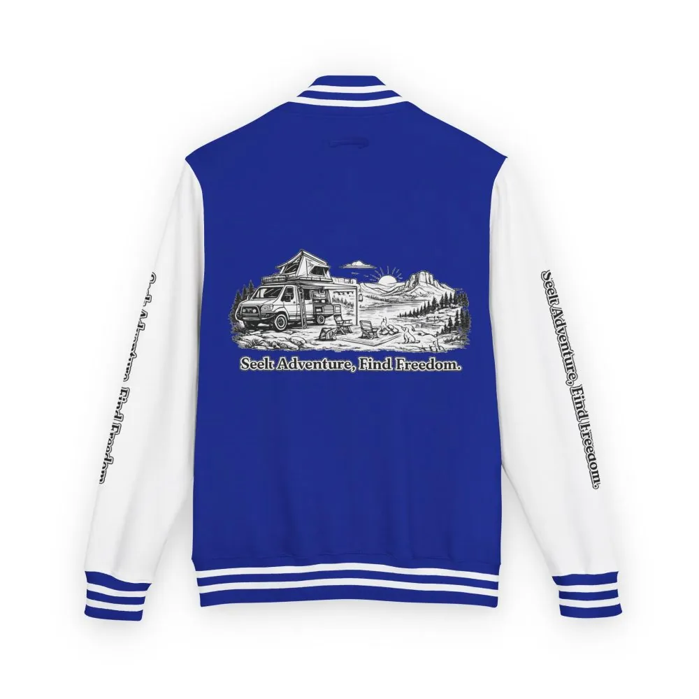 4005325771954668881_2048.jpeg Unisex Heavyweight Letterman Jacket — "Seek Adventure, Find Freedom" Travel Varsity Coat