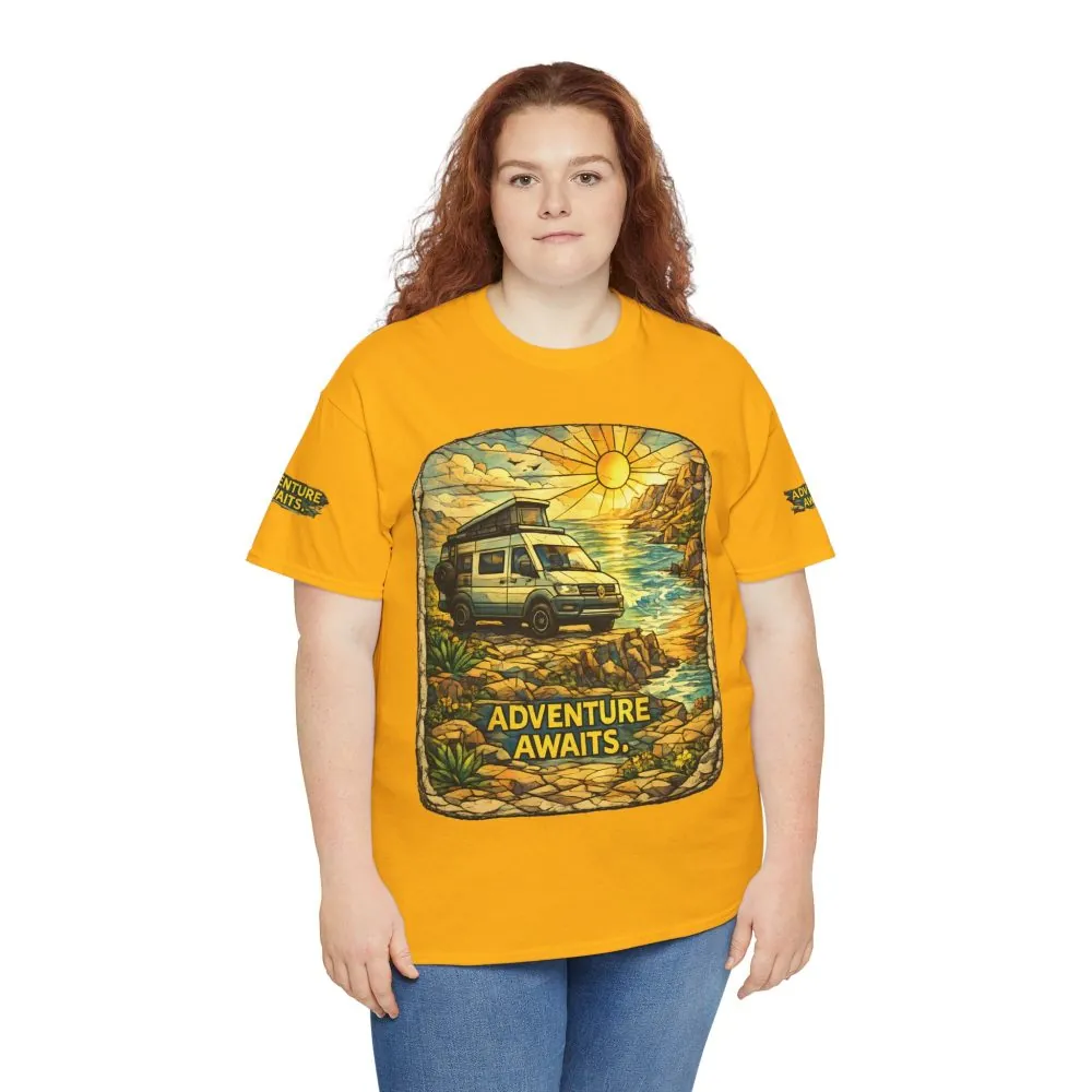 Unisex Heavy Cotton Tee — "Adventure Awaits" Design Cubic-Line