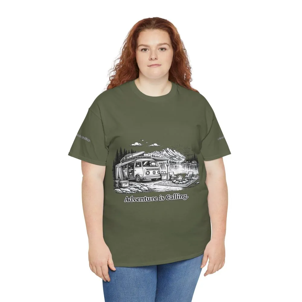 Unisex Heavy Cotton Tee — "Adventure Is Calling" Design Minimal-Line