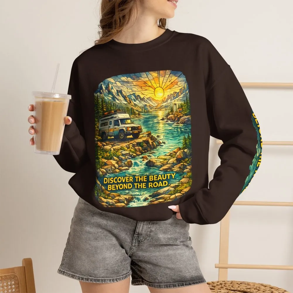 Unisex Heavy Blend™ Crewneck Sweatshirt — "Discover The Bieuty Beyond The Road" Design Cubic-Line