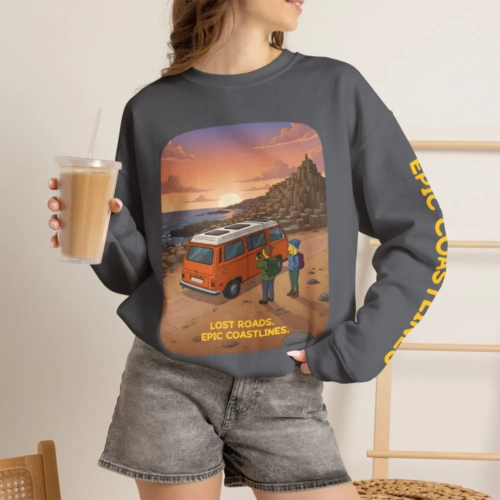 Unisex Heavy Blend™ Crewneck Sweatshirt — "Lost Roads Epic Coastlines" Design Sitcom-Line