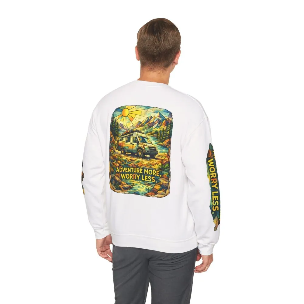 Unisex Heavy Blend™ Crewneck Sweatshirt — "Adventure More Worry Less" Design Cubic-Line