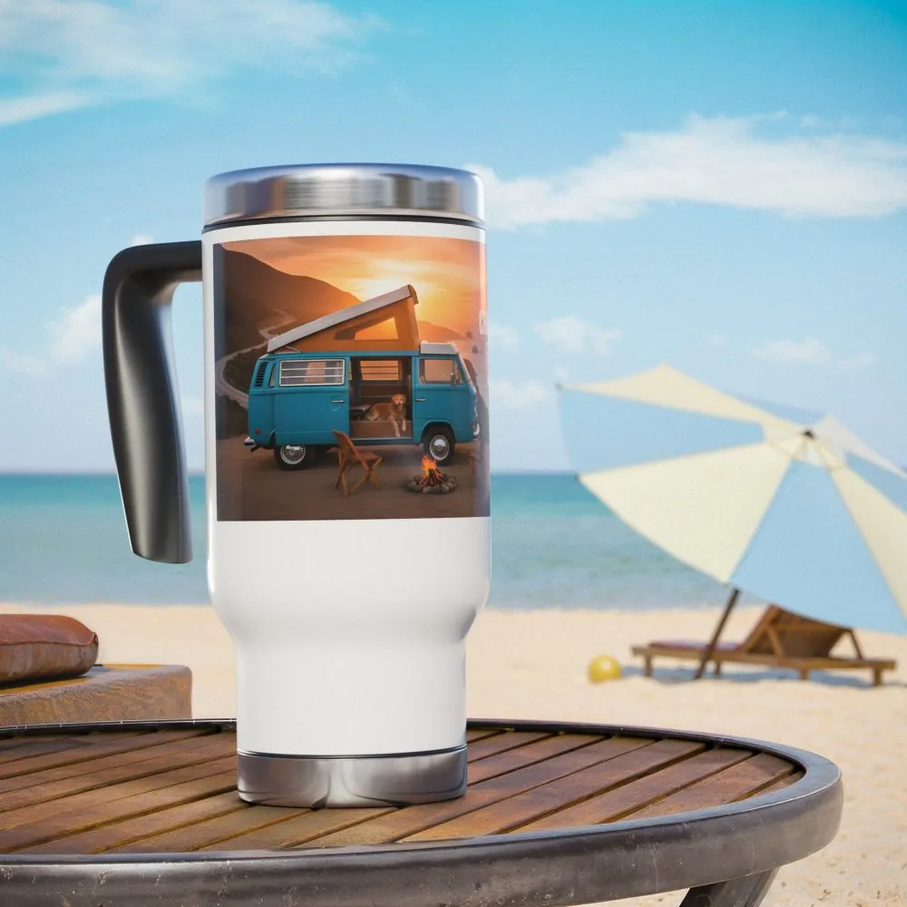 Stainless Steel Travel Mug with Handle, 14oz — "Chase the Sun, Find Yourself"
