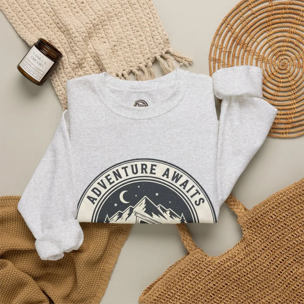 Crewneck Sweatshirt — "Adventure Awaits-Go Where You Feel Most Alive" (Font + Back + Sleaves printed) Vintage Camper Van Outdoor Graphic