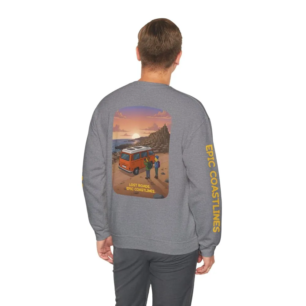 Unisex Heavy Blend™ Crewneck Sweatshirt — "Lost Roads Epic Coastlines" Design Sitcom-Line