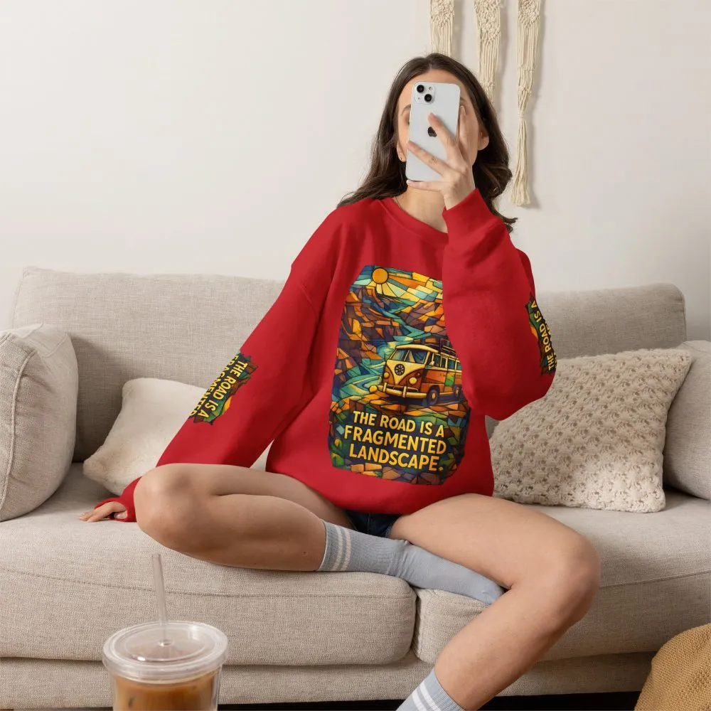 Unisex Heavy Blend™ Crewneck Sweatshirt — "The Road Is A Fragmented Landscape" Design Cubic-Line