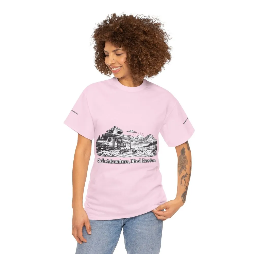 Unisex Heavy Cotton Tee — "Seek Adventure, Find Freedom" Design Minimal-Line