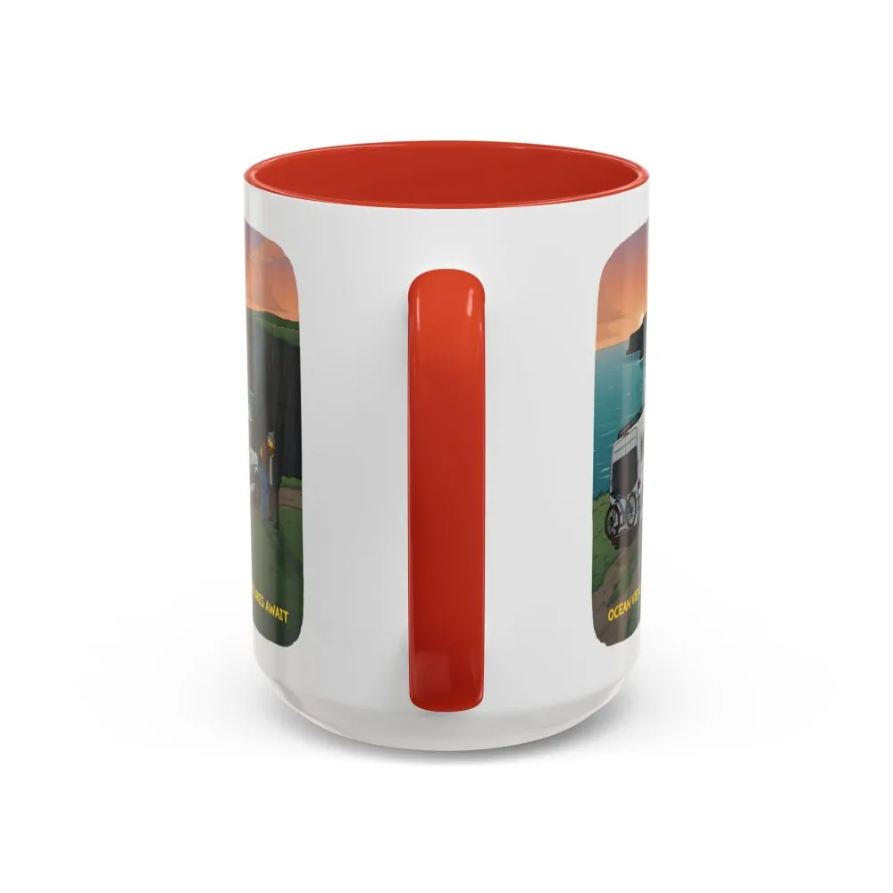Accent Coffee Mug (11, 15oz) — "Ocean Views-Adventures Awaits" Design Sitcom-Line