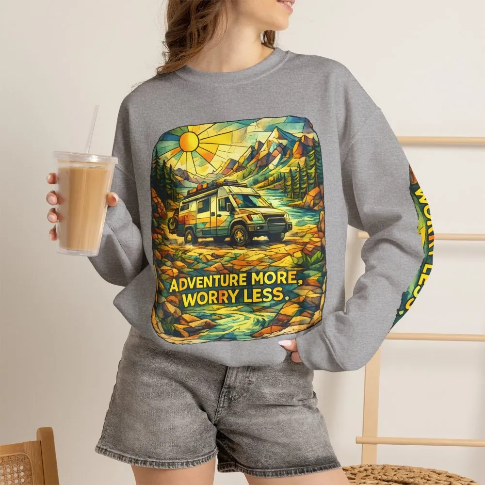 Unisex Heavy Blend™ Crewneck Sweatshirt — "Adventure More Worry Less" Design Cubic-Line