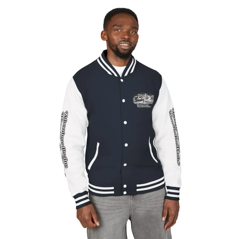 Unisex Heavyweight Letterman Jacket — "Adventure Begins Where The Road Ends" Travel Varsity Coat