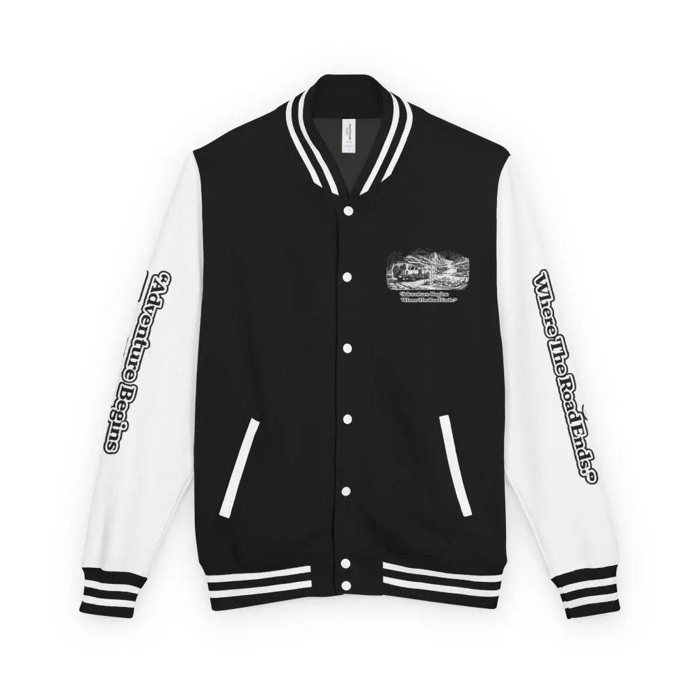 Unisex Heavyweight Letterman Jacket — "Adventure Begins Where The Road Ends" Travel Varsity Coat
