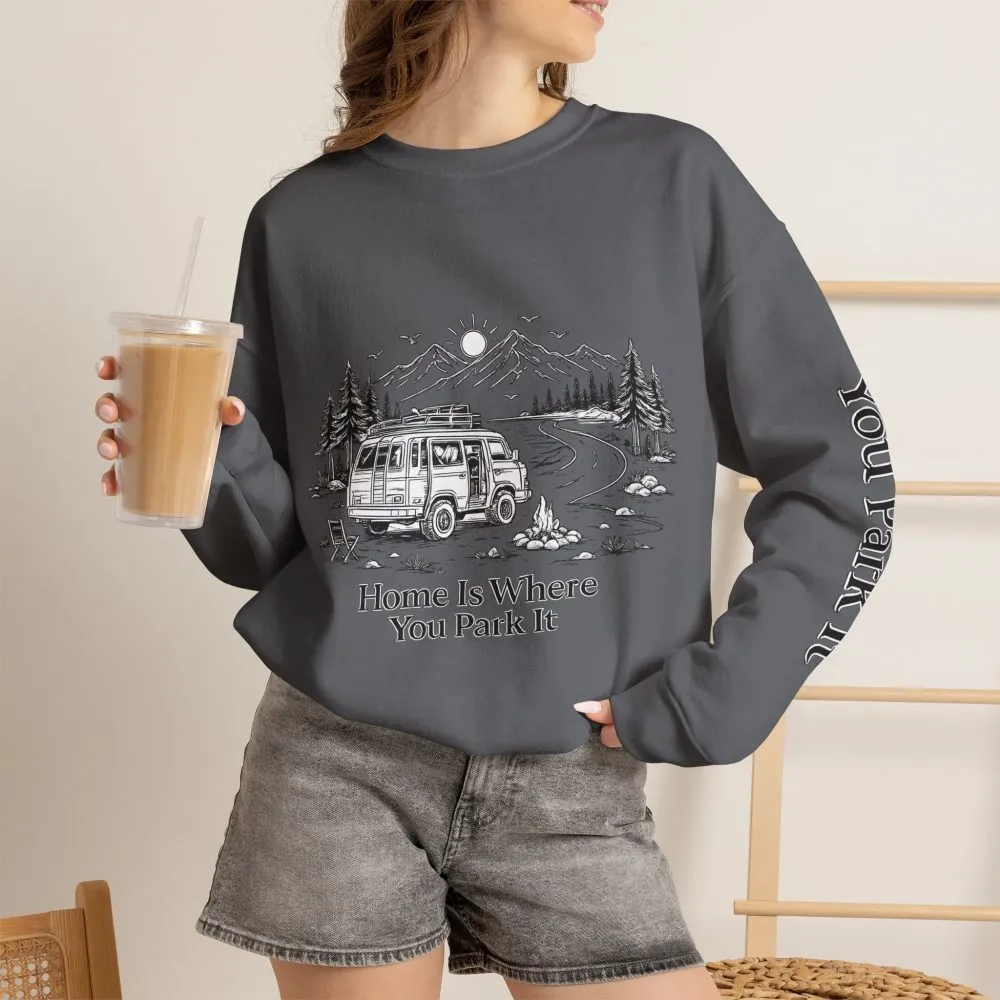 4233388099232807272_2048.jpeg Unisex Heavy Blend™ Crewneck Sweatshirt — "Home Is Where You Park It" Design Minimal-Line