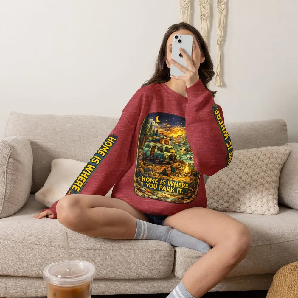 Unisex Heavy Blend™ Crewneck Sweatshirt — "Home Is Where You Park It" Design Cubic-Line