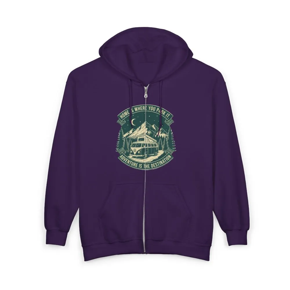 4250076439434368760_2048.jpeg Zip Hoodie — "Home Is Where You Park It-Adventure is the destination"(Front + Back Printed) Camper Van Adventure Zip-Up