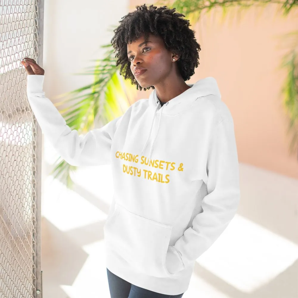 Three-Panel Fleece Hoodie - "Chasing Sunsets And Dusty Trails" Design Sitcom-Line