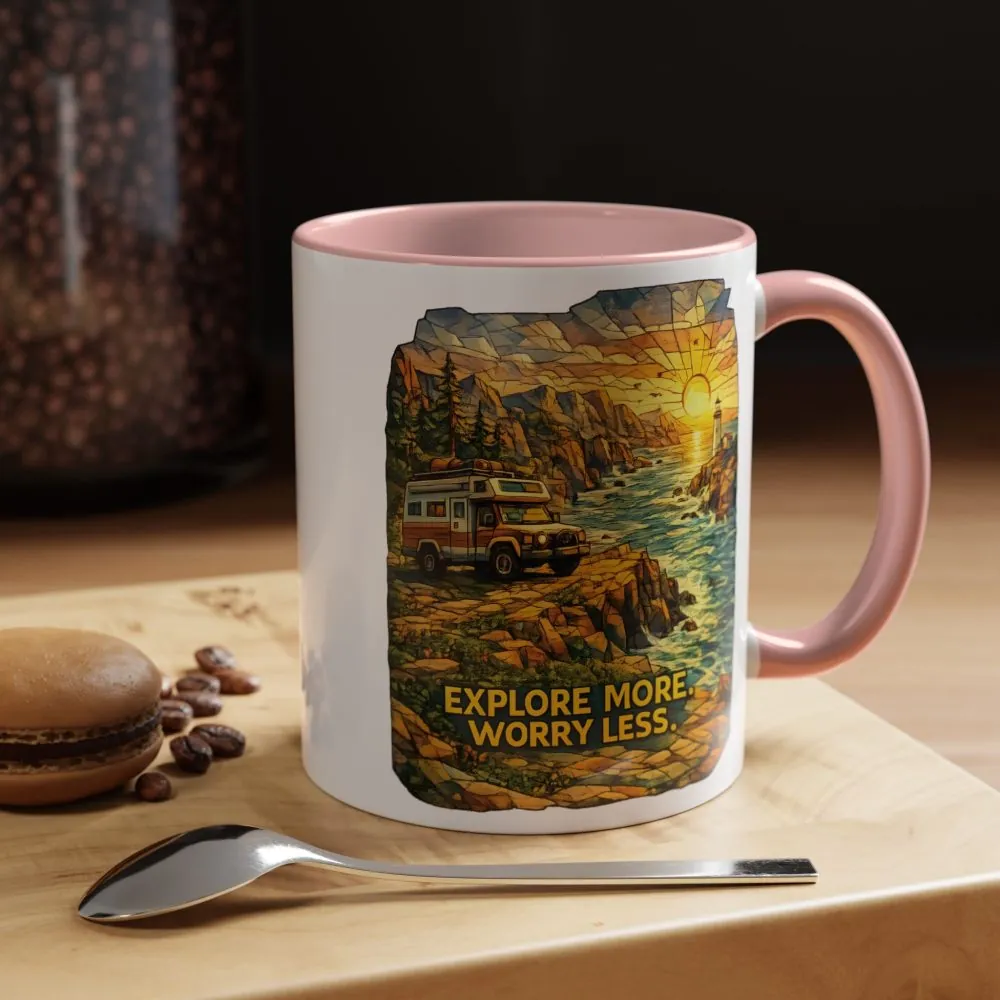 Accent Coffee Mug (11, 15oz) — "Explore More Worry Less" Design Cubic-Line