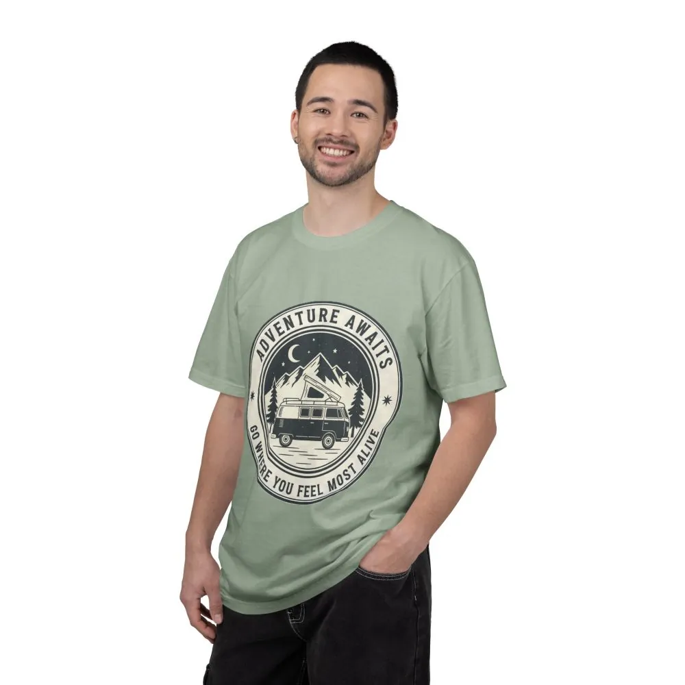 T-Shirt — "Adventure Awaits-Go Where You Feel Most Alive" (Front + Back Printed) Outdoor Travel Tee