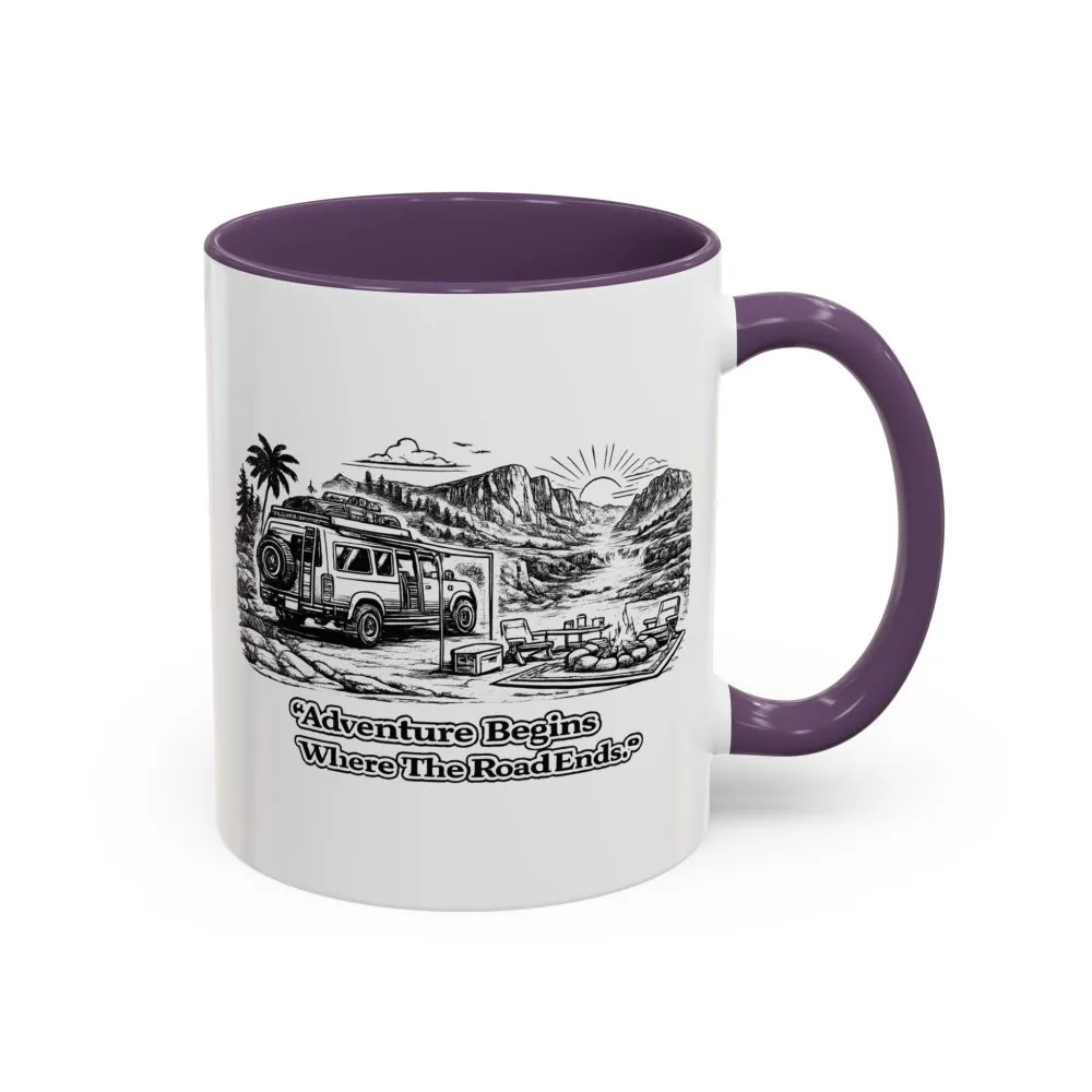 Accent Coffee Mug (11, 15oz) — "Adventure Begins Where The Road Ends" Design Minimal-Line