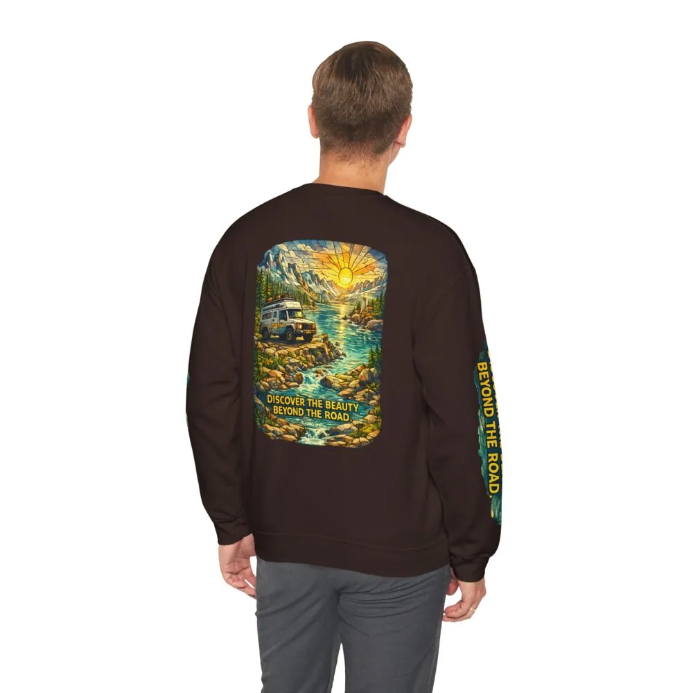 Unisex Heavy Blend™ Crewneck Sweatshirt — "Discover The Bieuty Beyond The Road" Design Cubic-Line