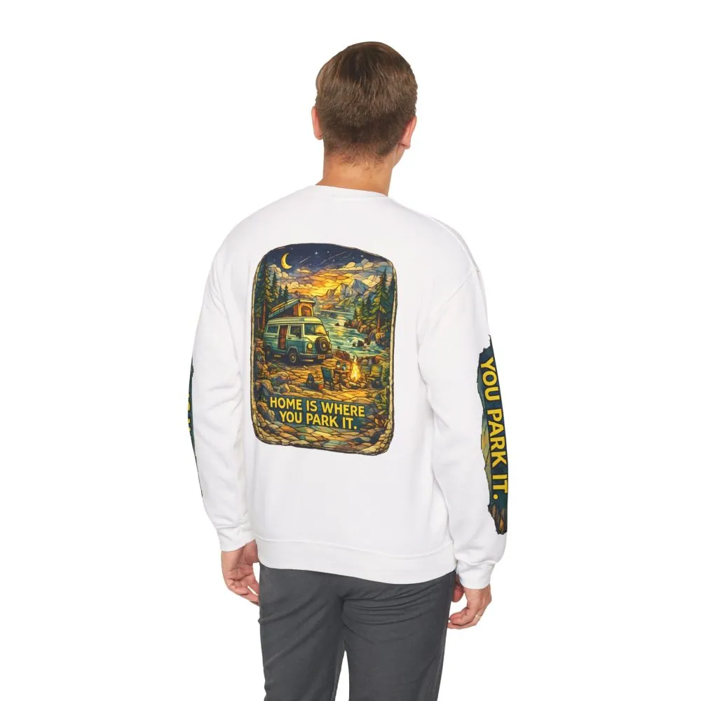 Unisex Heavy Blend™ Crewneck Sweatshirt — "Home Is Where You Park It" Design Cubic-Line