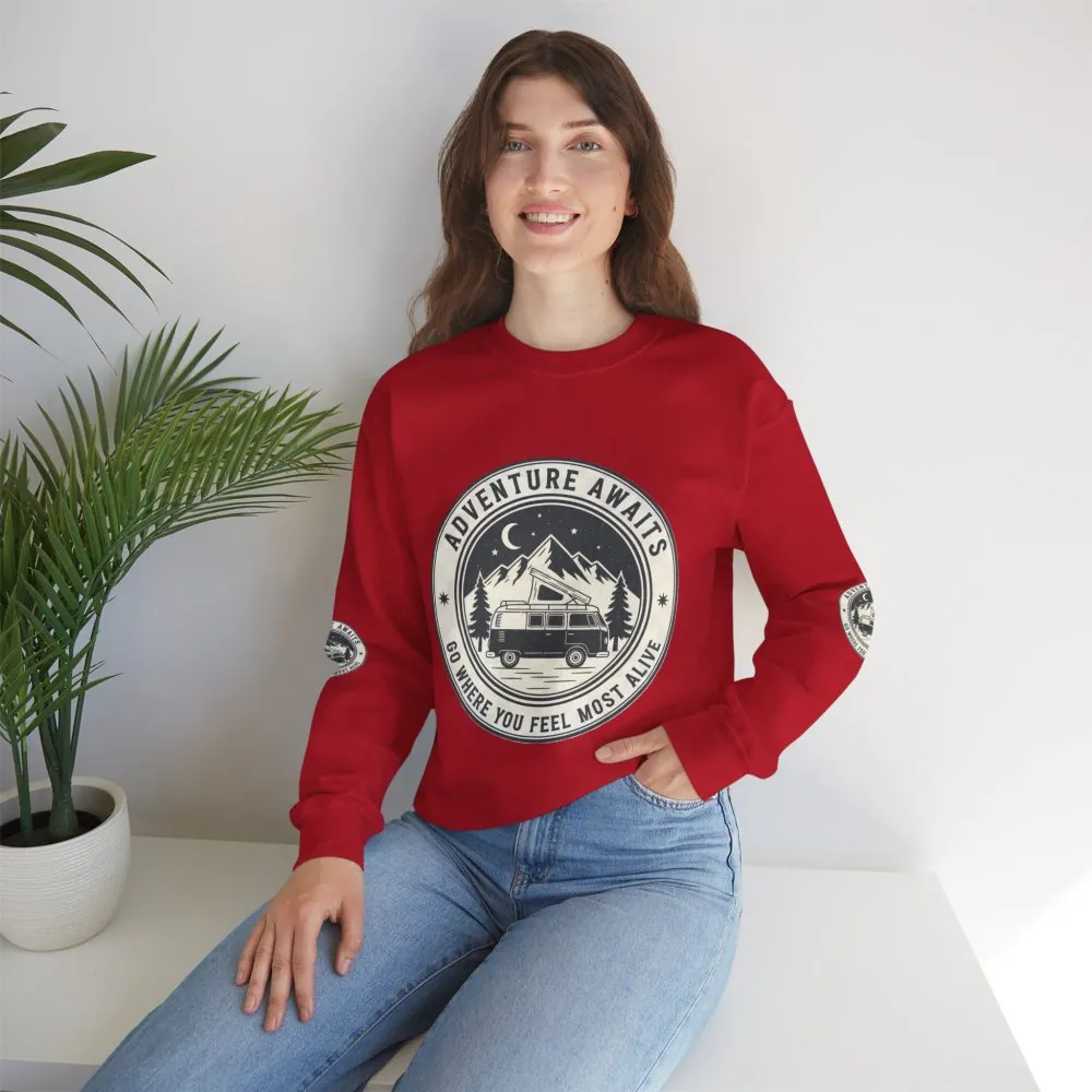 Crewneck Sweatshirt — "Adventure Awaits-Go Where You Feel Most Alive" (Font + Back + Sleaves printed) Vintage Camper Van Outdoor Graphic