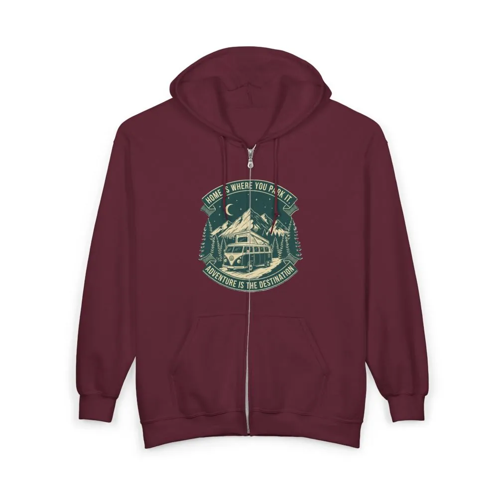 4368809761173993_2048.jpeg Zip Hoodie — "Home Is Where You Park It-Adventure is the destination"(Front + Back Printed) Camper Van Adventure Zip-Up
