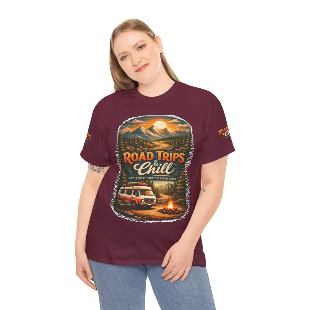 Unisex Heavy Cotton Tee — "Road Trips & Chill" Design Scenic-Line
