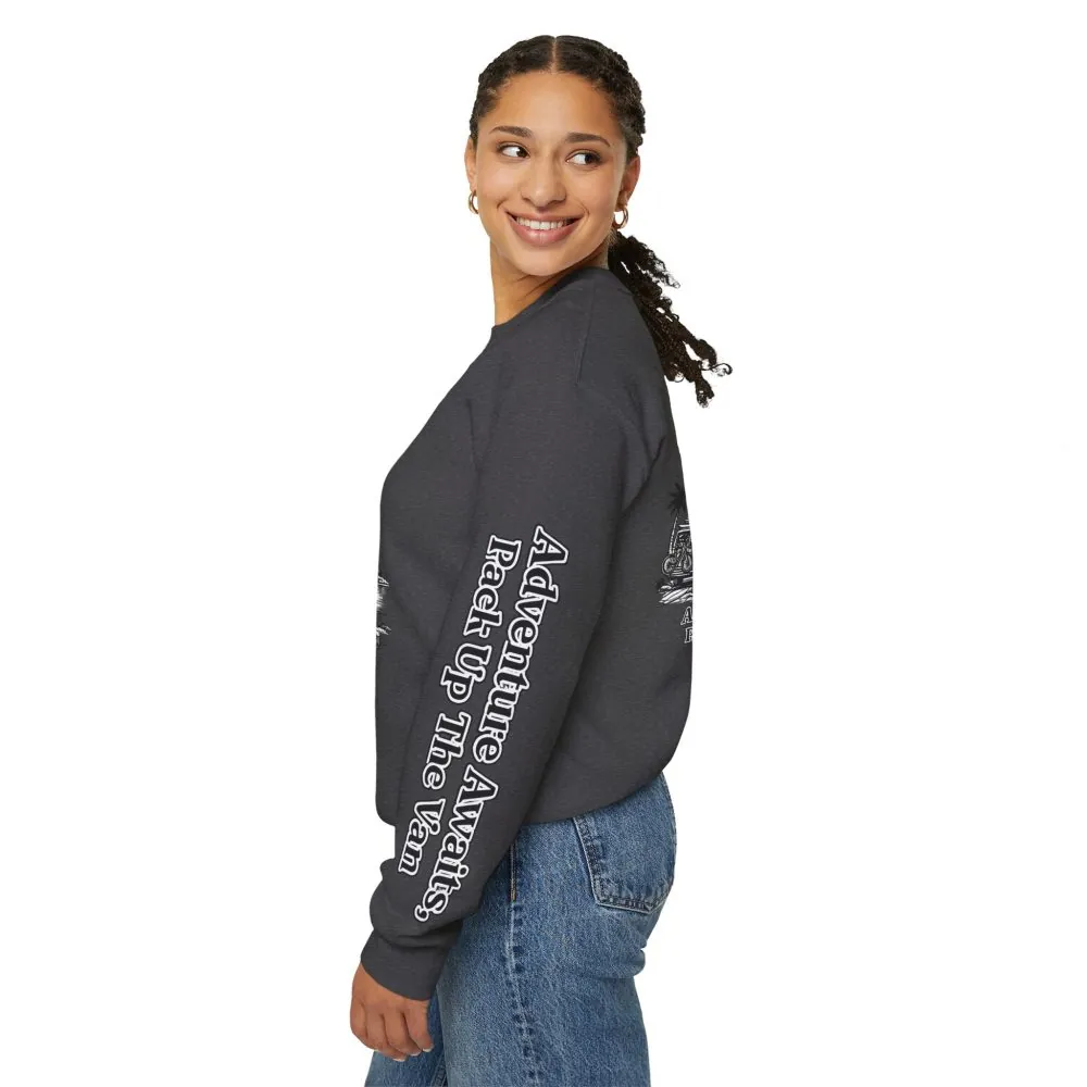 Unisex Heavy Blend™ Crewneck Sweatshirt — "Adventure Awaits,Pack Up The Van" Design Minimal-Line