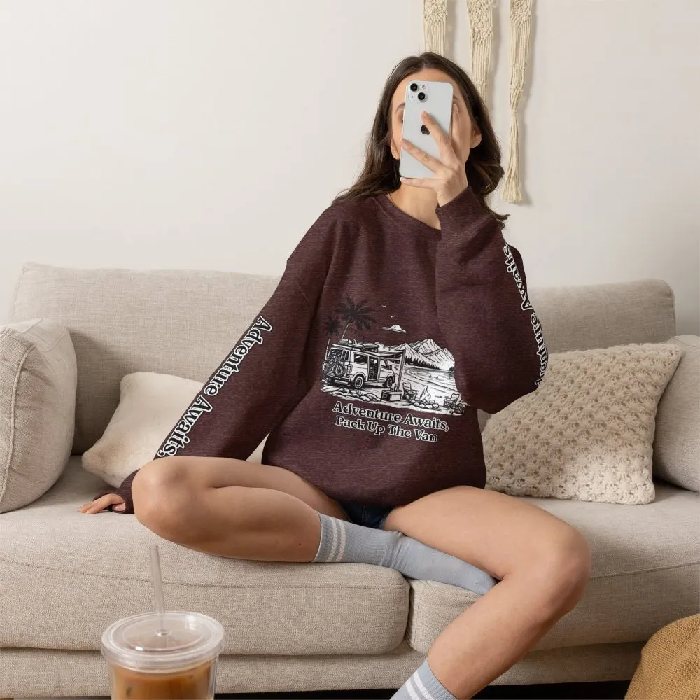 Unisex Heavy Blend™ Crewneck Sweatshirt — "Adventure Awaits,Pack Up The Van" Design Minimal-Line
