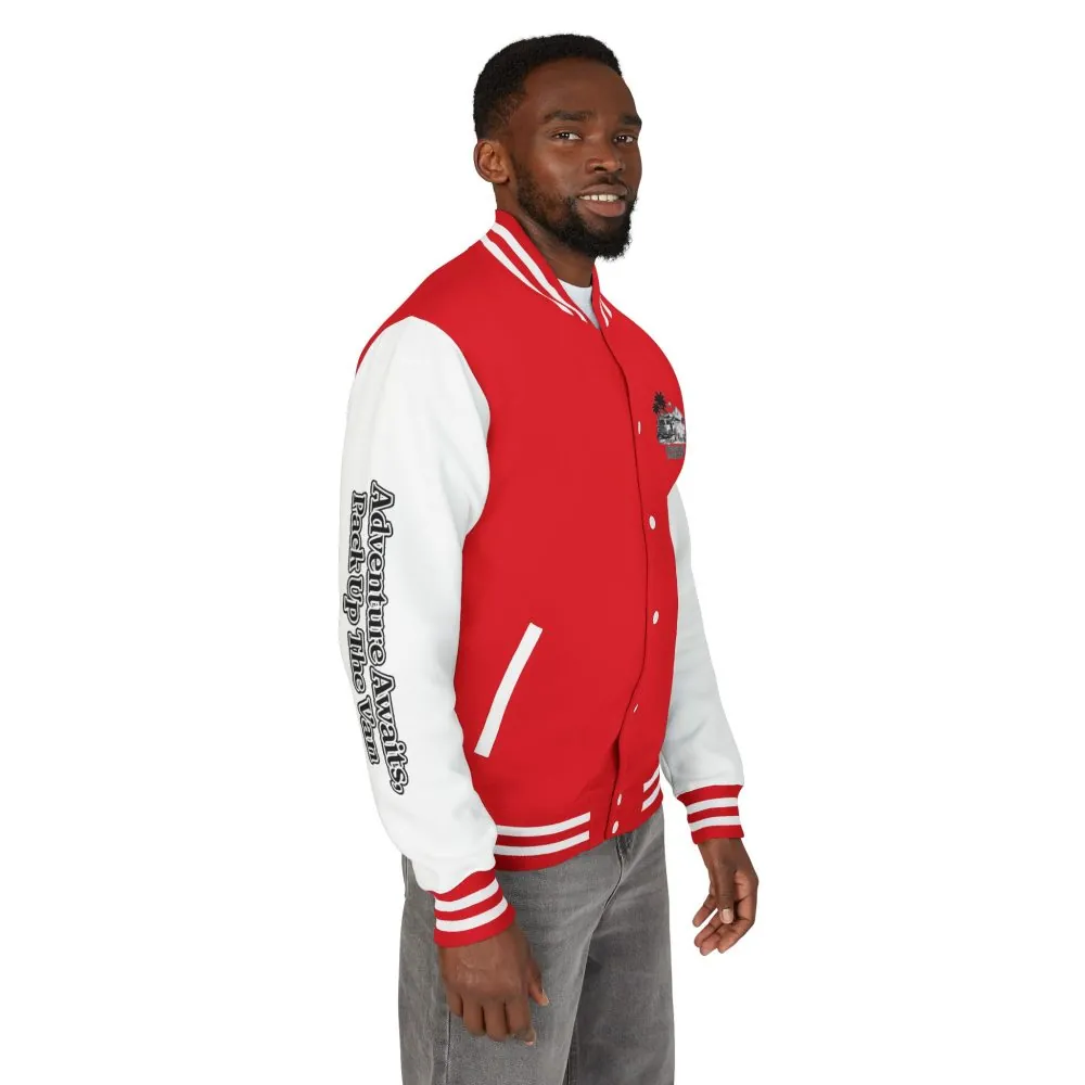 Unisex Heavyweight Letterman Jacket — "Adventure Awaits,Pack Up The Van" Travel Varsity Coat