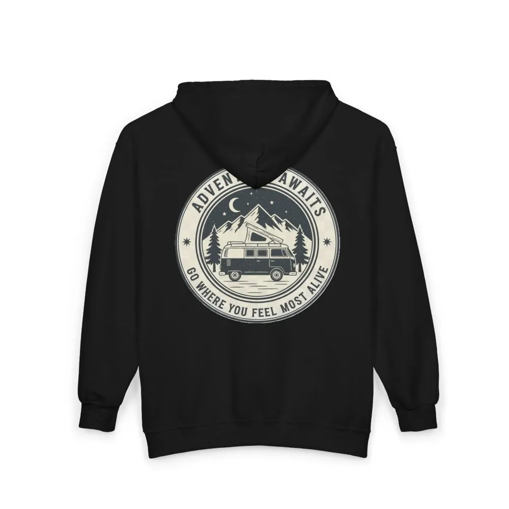 4418881639980992853_2048.jpeg Zip Hoodie — "Adventure Awaits-Go Where You Feel Most Alive" (Only Back Printed) Camper Van Adventure Zip-Up