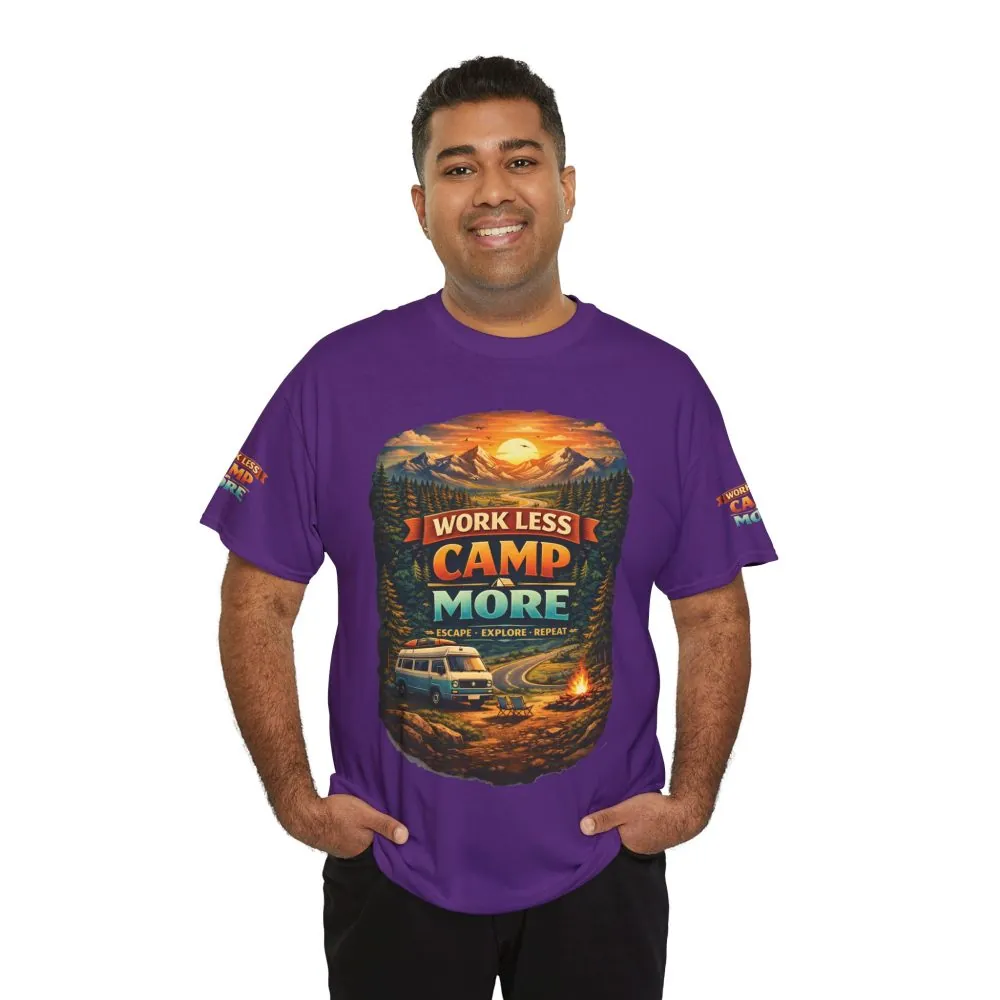 Unisex Heavy Cotton Tee — "Work Less-Camp More" Design Scenic-Line