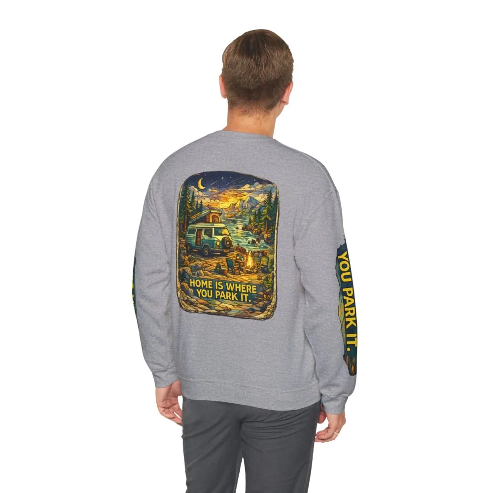 Unisex Heavy Blend™ Crewneck Sweatshirt — "Home Is Where You Park It" Design Cubic-Line