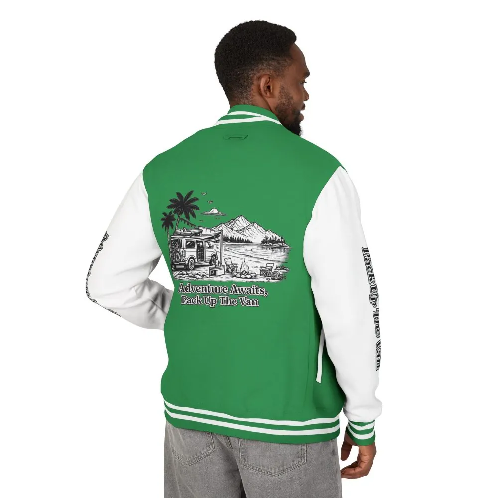 Unisex Heavyweight Letterman Jacket — "Adventure Awaits,Pack Up The Van" Travel Varsity Coat