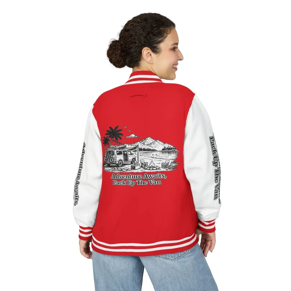 Unisex Heavyweight Letterman Jacket — "Adventure Awaits,Pack Up The Van" Travel Varsity Coat