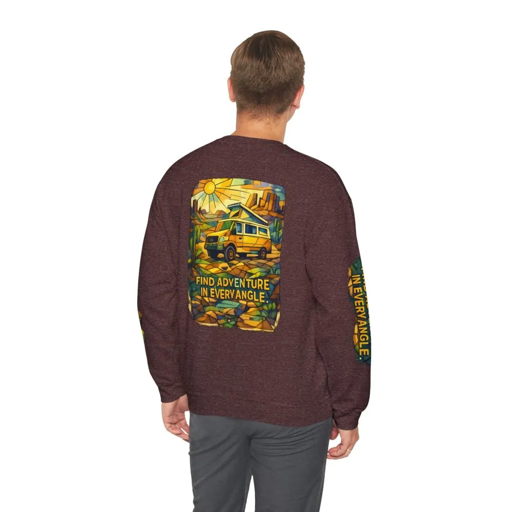 Unisex Heavy Blend™ Crewneck Sweatshirt — "Find Adventure In Every Corner" Design Cubic-Line