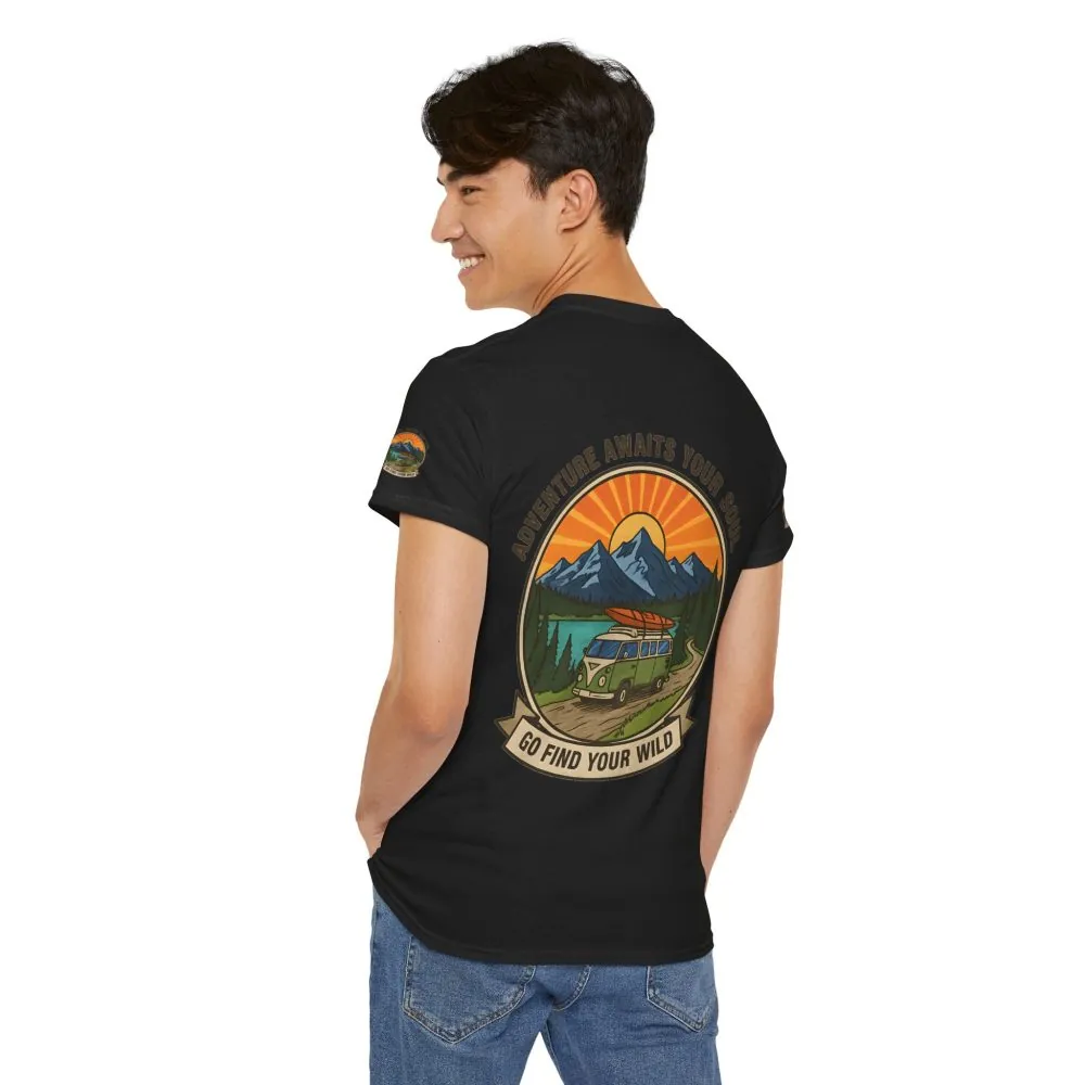 Unisex Heavy Cotton Tee — “Adventure Awaits Your Soul: Go Find Your Wild” Van & Mountain Graphic