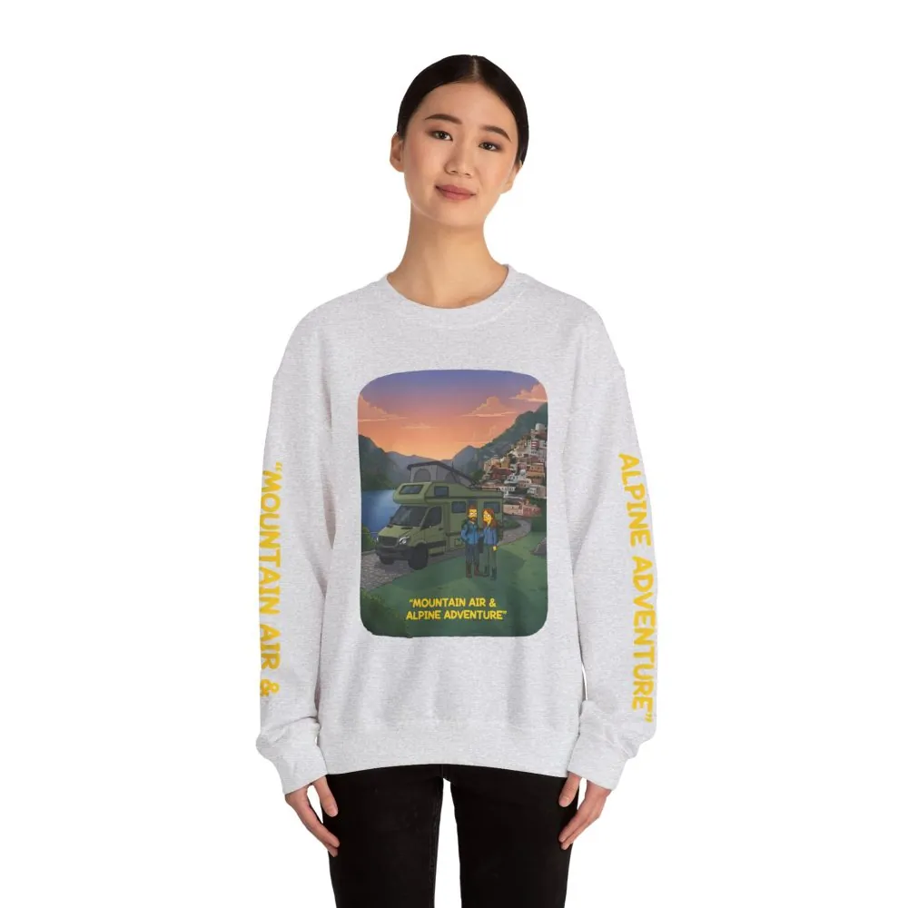 Unisex Heavy Blend™ Crewneck Sweatshirt — "Mountain Air And Alpine Adventure"" Design Sitcom-Line