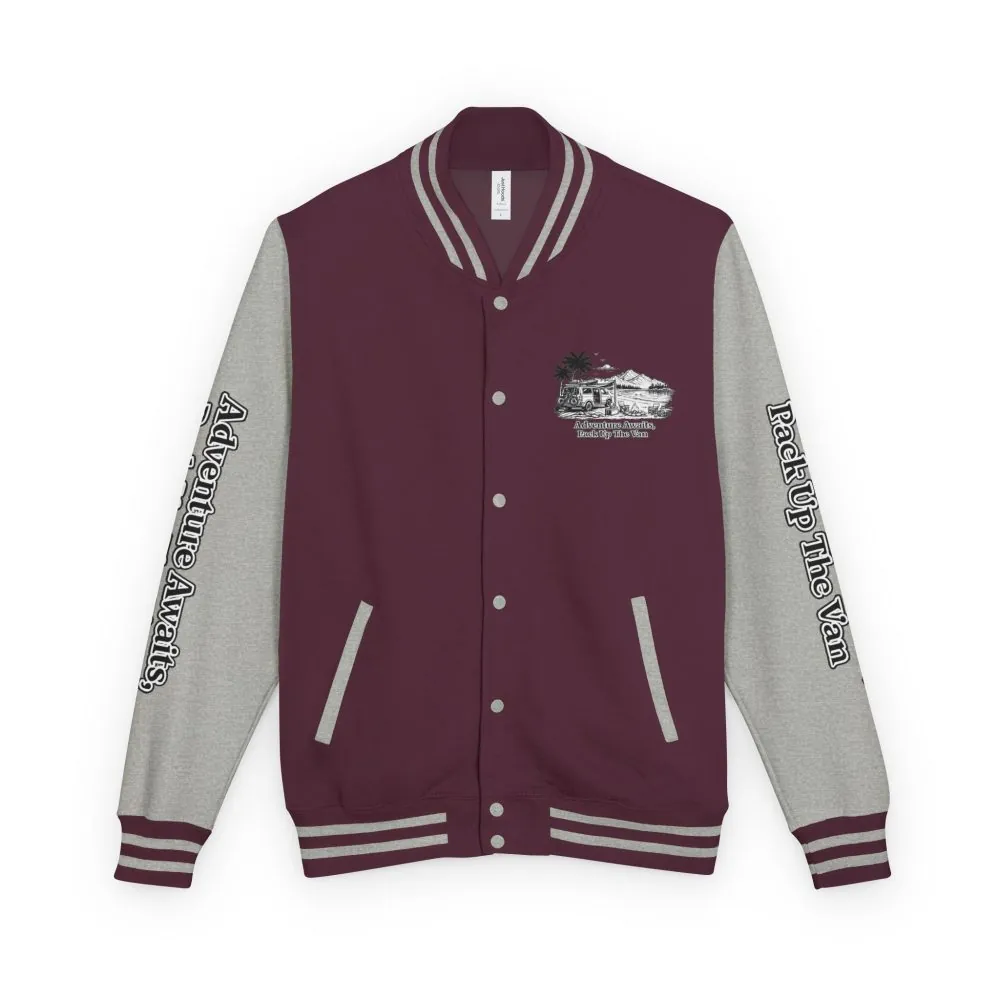 Unisex Heavyweight Letterman Jacket — "Adventure Awaits,Pack Up The Van" Travel Varsity Coat