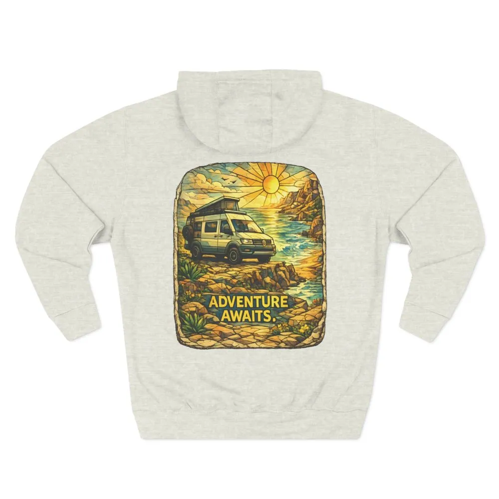 Three-Panel Fleece Hoodie - "Adventure Awaits" Design Cubic-Line