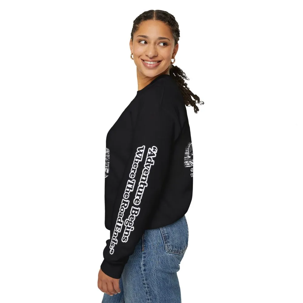 Unisex Heavy Blend™ Crewneck Sweatshirt — "Adventure Begins Where The Road Ends" Design Minimal-Line
