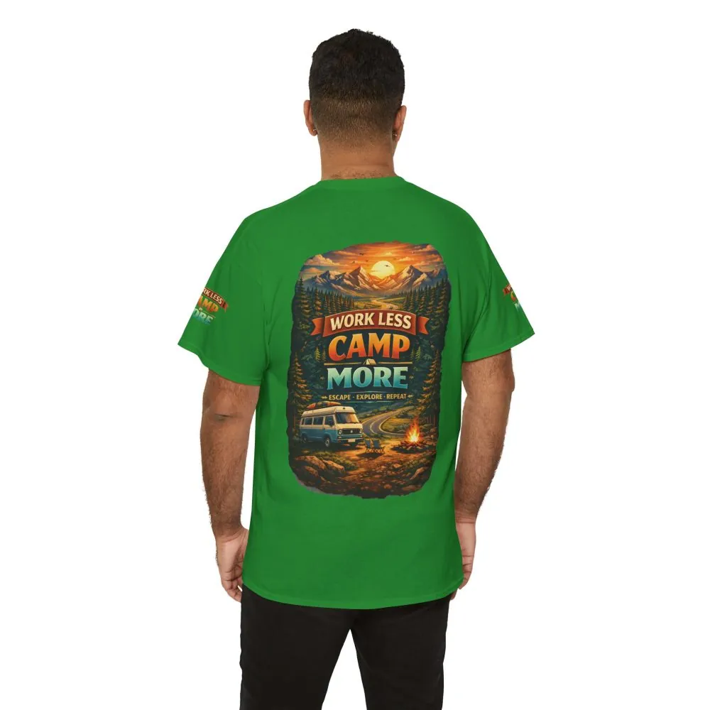 Unisex Heavy Cotton Tee — "Work Less-Camp More" Design Scenic-Line