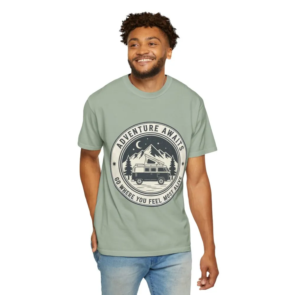 T-Shirt — "Adventure Awaits-Go Where You Feel Most Alive" (Front + Back Printed) Outdoor Travel Tee