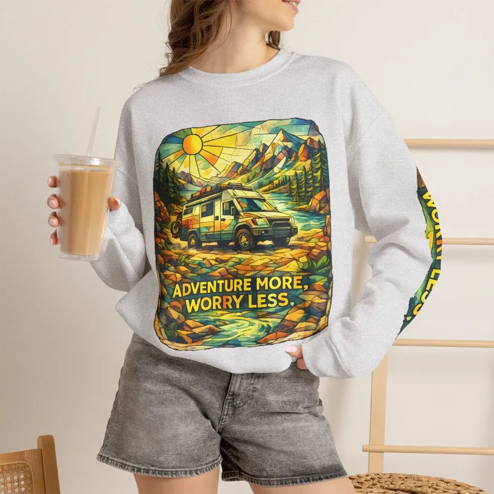 Unisex Heavy Blend™ Crewneck Sweatshirt — "Adventure More Worry Less" Design Cubic-Line