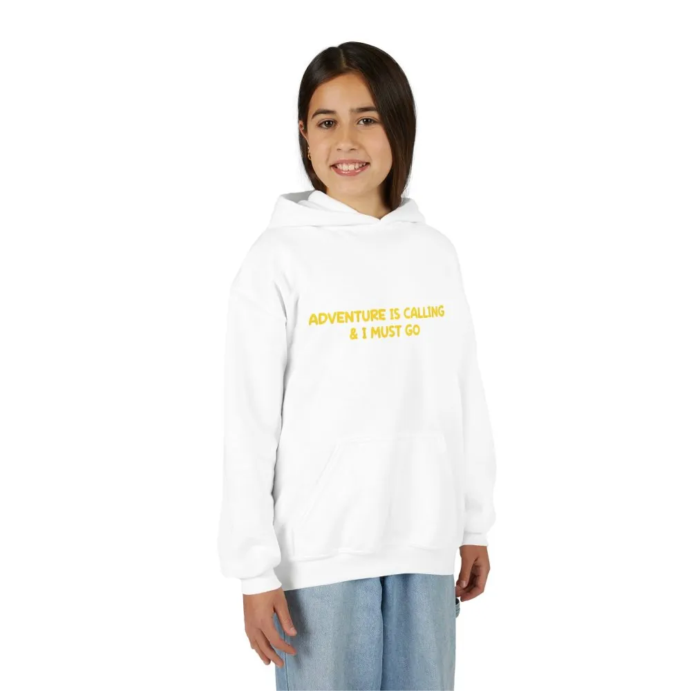 Youth Hoodie(Gildan) – "Adventure Is Calling-I Must Go" (Design Sitcom-Line)